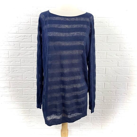 Theory Esti Sag Harbor Long Sleeve Navy Stripe Linen Blend Sweater Size Medium - Picture 1 of 6